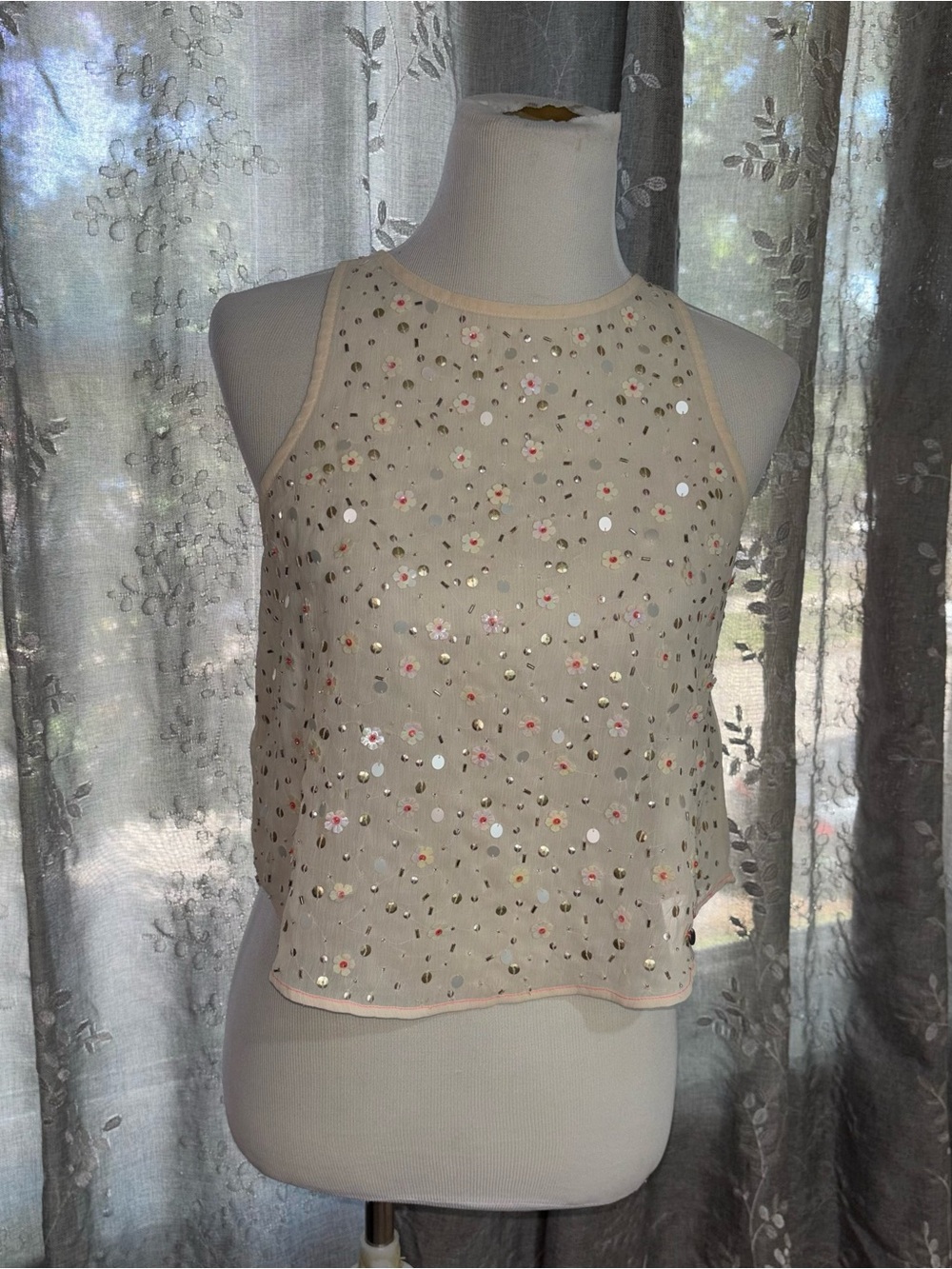 Y2K sheer Abercrombie & Fitch Ivory Sequin Halter Tank Top